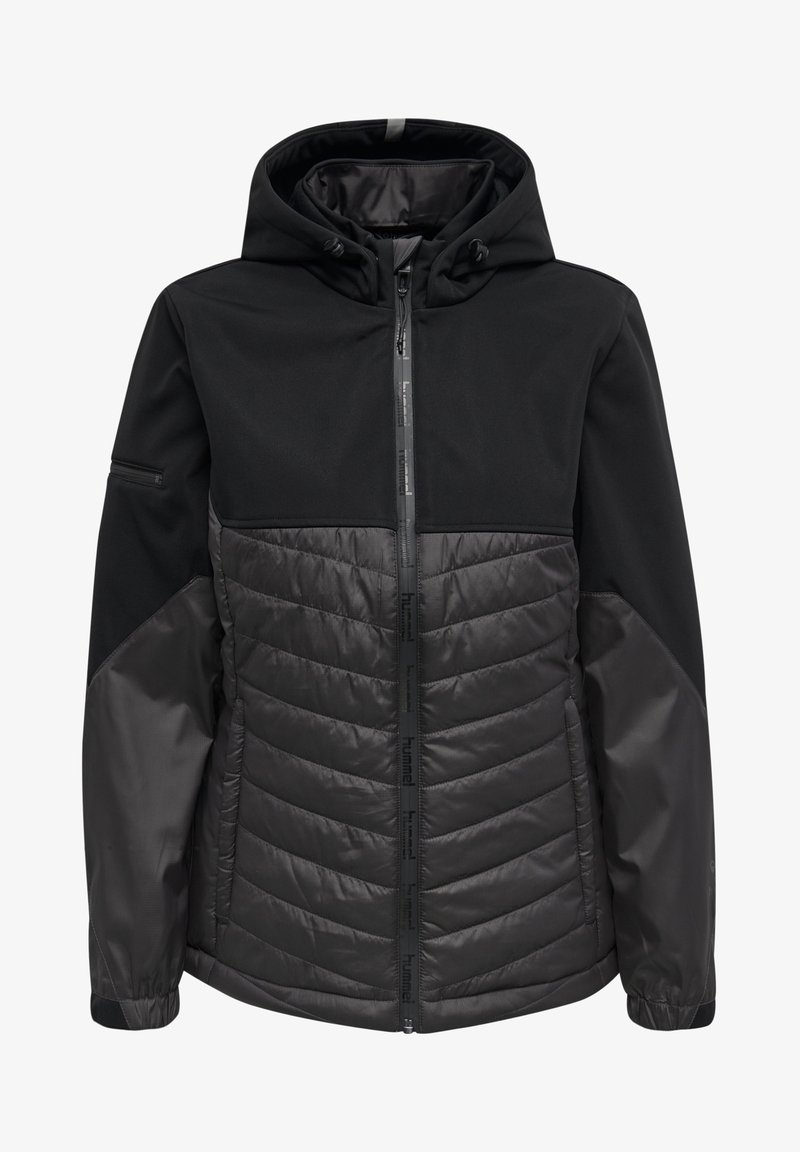 Veste à capuche noire et gris foncé avec devant matelassé, fermeture éclair à l'avant, poche zippée sur la manche et poignets élastiques aux manches.