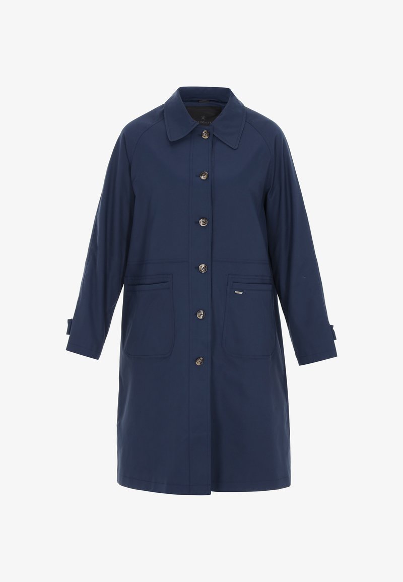 Tengerészkék, könnyű kabát galléros nyakkal, elülső gombokkal, két oldalzsebbel és felhajtott ujjakkal az állítható illeszkedésért.