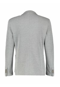 Gray blazer with a notch lapel, two side pockets, and buttoned cuffs. Made of smooth, lightweight fabric with a clean, modern silhouette.