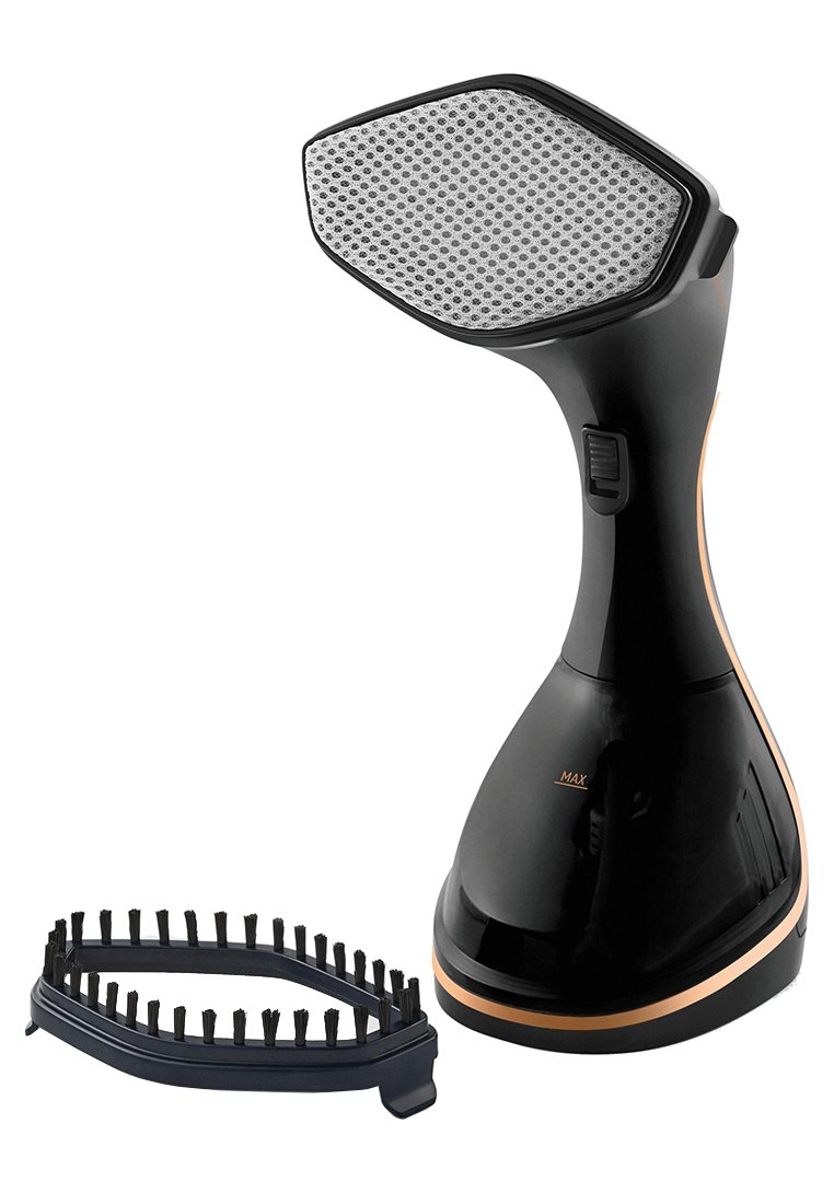 Steamer à vêtements portatif noir avec une tête de vapeur hexagonale, motif en grille argenté, accents orange et un accessoire brosse plate amovible.