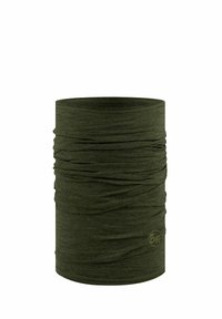 Cuello tubular de color verde oliva hecho de tela elástica con superficie texturizada y diseño fruncido. Presenta un logo impreso en el lado.