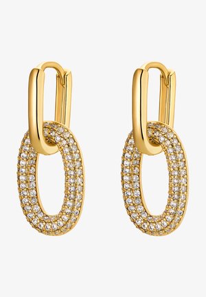 Zlato tonirani uhani z ovalnim prepletenim dizajnom, okrašeni s prozornimi rhinestones, ki poudarjajo teksturirano površino in sijoč zaključek.
