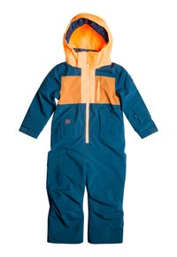 Isolerad snoverall i teal med en orange övre del. Har dragkedja framtill, justerbara ärmslut och två framfickor. Huva ingår.