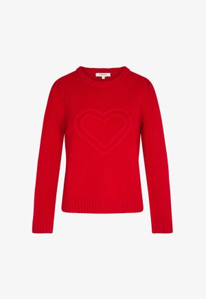 Punainen pitkähihainen neulepaita, jossa on resorit hihansuissa ja helmassa. Paidassa on rintakehässä kohotettu kaksinkertainen sydänkuvio ja pyöreä pääntie.