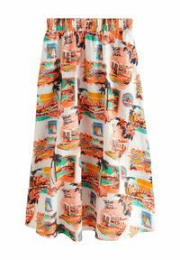 Gonna con stampe vintage colorate di cartoline raffiguranti "Cannes", "Bonjour", palme, fiori, un'auto gialla e la scritta "Wish you were here".