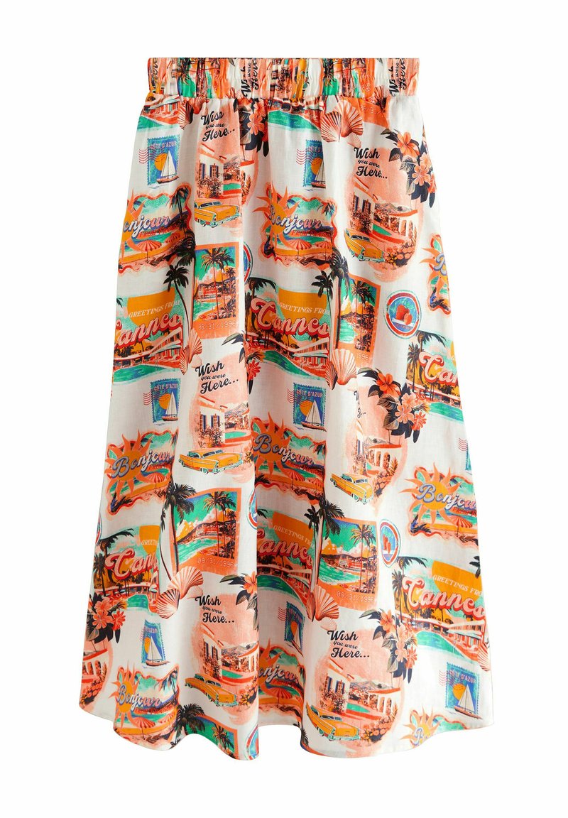 Gonna con stampe vintage colorate di cartoline raffiguranti "Cannes", "Bonjour", palme, fiori, un'auto gialla e la scritta "Wish you were here".