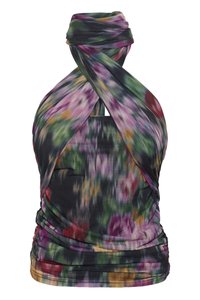 Top a collo in tessuto leggero, multicolore, con motivo floreale astratto. Presenta dettagli drappeggiati e una silhouette aderente.