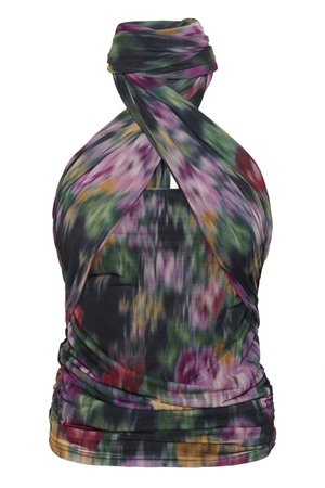 Multi-colored halter neck top with abstract floral pattern, made of lightweight fabric. Features draped detailing and a fitted silhouette.