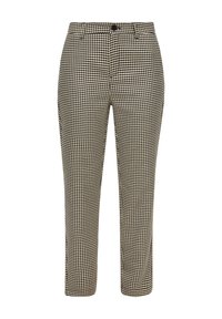 Op maat gemaakte high-waisted broeken met een zwart-en-beige houndstooth patroon, knoopsluiting en rechte pijpen.