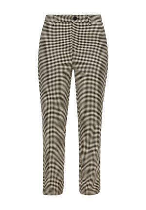 Op maat gemaakte high-waisted broeken met een zwart-en-beige houndstooth patroon, knoopsluiting en rechte pijpen.