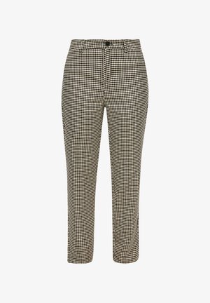 Op maat gemaakte high-waisted broeken met een zwart-en-beige houndstooth patroon, knoopsluiting en rechte pijpen.