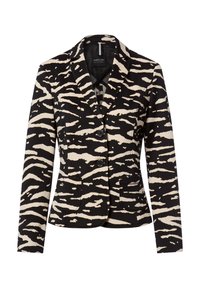 Zwart-witte blazer met zebrapatroon, met een reverskraag, twee voorzakken en twee knopen aan de voorkant. Gestructureerde pasvorm en textuurrijk stof.