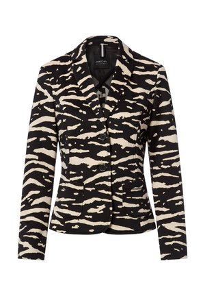 Zwart-witte blazer met zebrapatroon, met een reverskraag, twee voorzakken en twee knopen aan de voorkant. Gestructureerde pasvorm en textuurrijk stof.