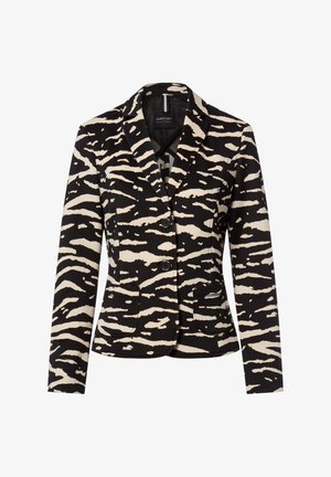 Schwarz-cremefarbener Blazer im Zebramuster mit einem Reverskragen, zwei Vorderentaschen und zwei Knöpfen vorne. Strukturierter Stoff mit figurbetontem Schnitt.