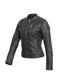 Czarna skórzana kurtka z wysokim kołnierzem, podwójnym zamkiem z przodu i kieszeniami po bokach. Posiada przeszycia panelowe oraz dopasowany krój.