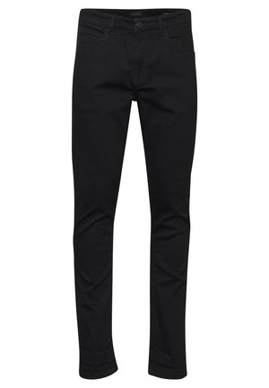 Black slim-fit jeans made of cotton with a smooth texture, featuring five pockets, a button closure, and contrasting stitching.