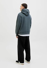 Hættebluse i dæmpet teal, lavet af blødt stof. Har en afslappet pasform med ribbede manchetter og kant. Sammen med sorte vide bukser og sneakers.