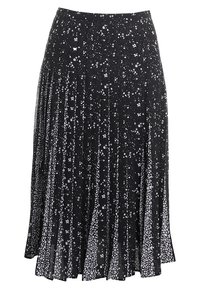 Gonna nera a pieghe con motivo floreale bianco. Presenta una vita elasticizzata e un design fluente. Il tessuto ha un aspetto leggero e leggermente strutturato.
