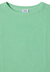 Pull tricoté vert clair avec de petits trous texturés et un col rond, avec une étiquette blanche sur laquelle figure le texte "CECIL".