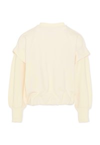 Top giallo chiaro a maniche lunghe con spalle a sbuffo e polsini arricciati. Tessuto liscio con vestibilità comoda. Design semplice, senza motivi o decorazioni.