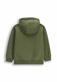 Oliwkowy hoodie z kieszenią kangurzą i prążkowanymi mankietami, z podwójną warstwą kaptura i miękką teksturą z mieszanki bawełny.