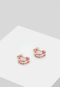 Orecchini in oro rosa con un design a doppio anello, caratterizzati da bordi morbidi e arrotondati e una superficie lucida. Dotati di una chiusura a perno e farfalla.