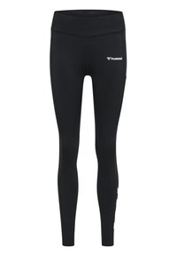Svarta träningsleggings med hög midja, tillverkade av stretchigt tyg, med en liten vit logotyp på framsidan och randdetaljer längs sidorna.