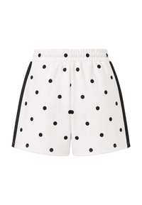 Short blanc à pois noirs, bandes latérales noires et taille élastique, présenté sur un fond blanc uni.