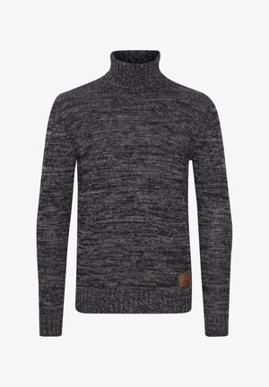 Knitted turtleneck sweater in dark grey with a textured pattern. Features a fitted design and a woven label on the lower front.