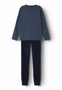 Navy striped long-sleeve top with a round neckline paired with solid navy joggers. Soft fabric with ribbed cuffs at the ankle and sleeve.