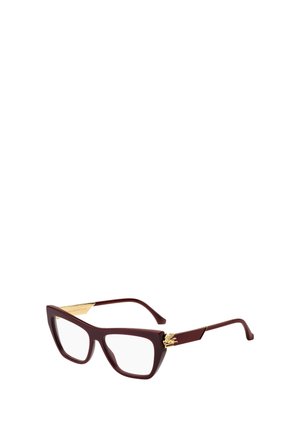 Gafas de ojo de gato burdeos con detalles dorados en las patillas y lentes transparentes, aisladas sobre fondo blanco.