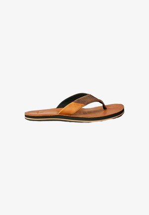Flip-flop in pelle marrone con una cinghia in tessuto nero, caratterizzato da un suola piatta e un design minimalista. La soletta ha una superficie liscia e un leggero arco.