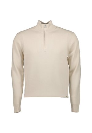 Beige zip-hals sweater med ribbet tekstur på skuldre og manchetter, featuring en lige pasform og minimalistisk design. Blødt strikket materiale.