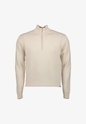 Beige zip-hals sweater med ribbet tekstur på skuldre og manchetter, featuring en lige pasform og minimalistisk design. Blødt strikket materiale.