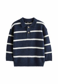 Maglione a righe blu navy e bianche con colletto corto, tre bottoni in legno, e polsini e orlo a coste. Tessuto morbido e strutturato.