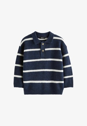 Pulover cutoff bleumarin și alb cu dungi, cu guler scurt, trei nasturi din lemn și manșete și tiv striate. Material moale, texturat.