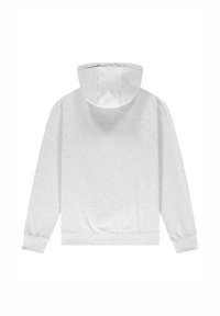 Grauer Kapuzenpullover, Baumwollmischung, gerippte Bündchen und Saum, lockere Passform, keine sichtbaren Logos oder Muster, glatte Textur.