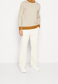 Pull en maille beige avec encolure ronde et poignets marron contrastants, associé à un pantalon cargo ivoire et des baskets blanches.