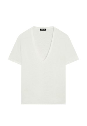 Maglietta bianca a maniche corte con scollo a V e etichetta nera Massimo Dutti al collo, esposta su sfondo bianco.