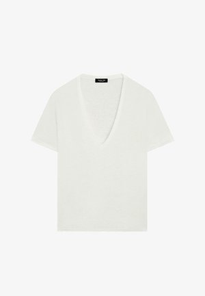 Weißes T-Shirt mit kurzen Ärmeln und V-Ausschnitt, mit einem schwarzen Massimo Dutti Etikett am Halsausschnitt, auf weißem Hintergrund dargestellt.