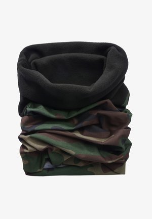 Svart fleece- og kamuflasjegardin hals varmetørkle brettet på en hvit bakgrunn.