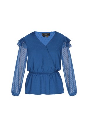 Bluză albastră cu puncte texturate, decolteu adânc în V și mâneci puff din material transparent cu detalii volanate. Talie elastică pentru o siluetă ajustată.
