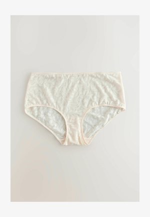 Mutandine hipster in pizzo di un delicato color crema, caratterizzate da un motivo floreale e una superficie liscia con un leggera vita elasticizzata.