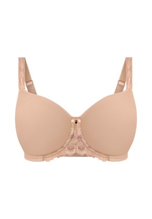 Soutien-gorge rembourré beige avec détails en dentelle au centre et sur les bretelles. Texture lisse avec un décolleté plongeant. Petit nœud décoratif à l'avant.