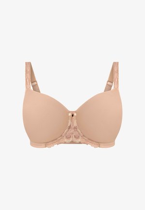 Beige gewatteerde beha met kantdetails in het midden en op de bandjes. Glad textuur met een laag uitgesneden ontwerp. Klein strikje aan de voorkant.