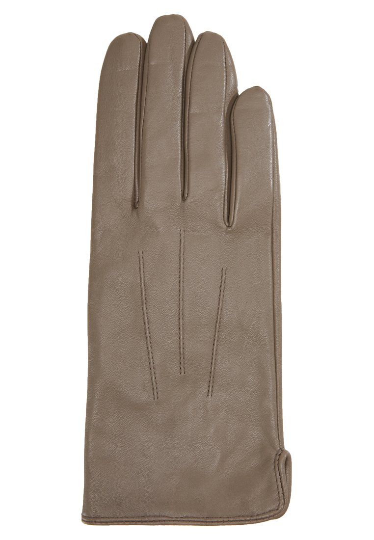 Brauner Lederhandschuh mit glatter Textur, drei Nähte auf der Rückseite und einer passgenauen Form mit fünf Fingern.