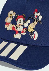 Navy blue cap featuring embroidered Mickey Mouse, Donald Duck, and Goofy designs, with white striped accents on the brim. Cotton material.