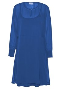 Robe bleu roi mi-longue avec manches longues en tissu transparent, encolure arrondie avec détail trou de serrure boutonné, et poignets ajustés.