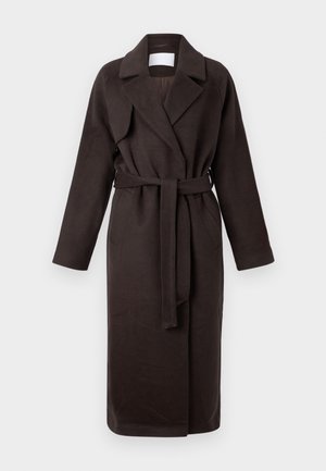 Dark brown long coat with a belt, made of soft fabric. Features a notched collar and two side pockets, with a loose, relaxed fit.