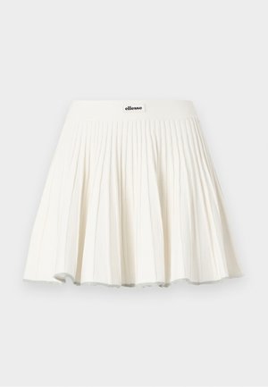 Jupe de tennis plissée blanche avec une large ceinture arborant un petit patch logo ellesse au centre devant.